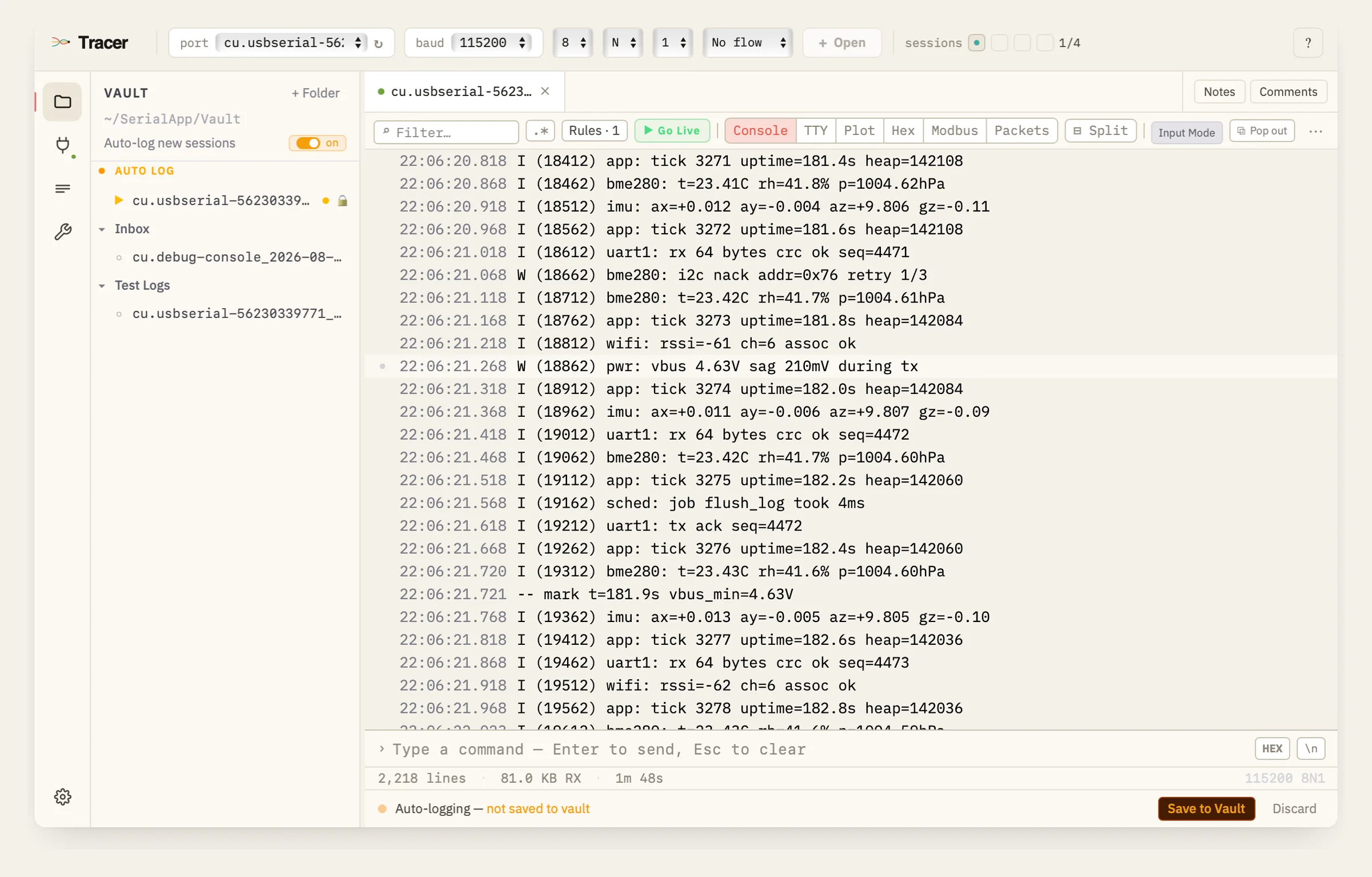 Tracer with a live serial session, the vault sidebar open beside the log