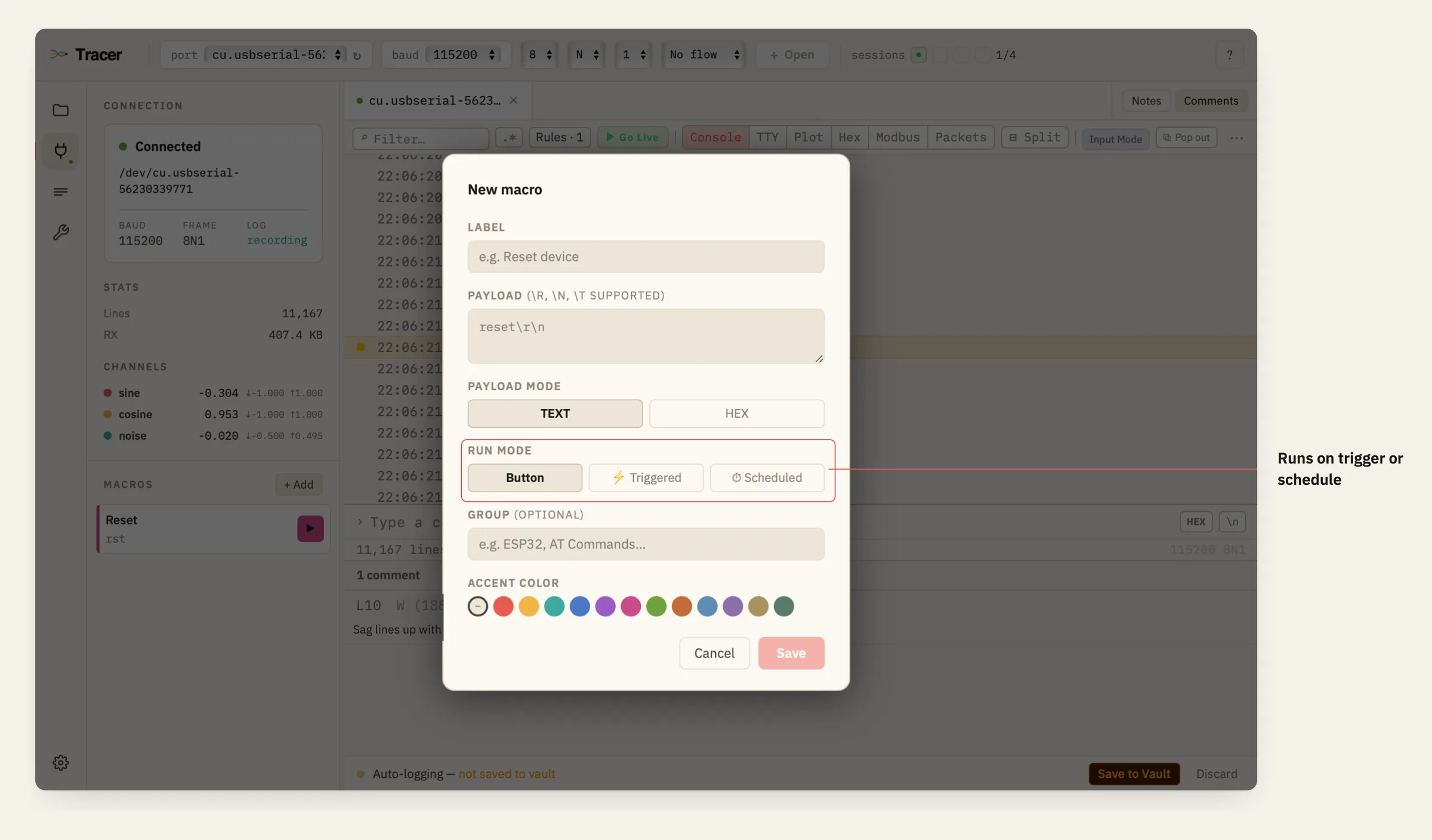 The new macro dialog, with run mode set to button, triggered or scheduled